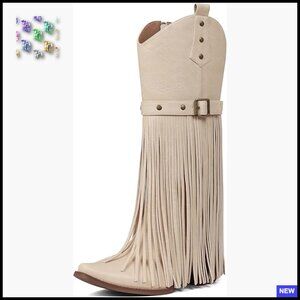 Retro Western Cowgirl Boots Square Toe Chunky Heel Mid Calf Fringe Tassel